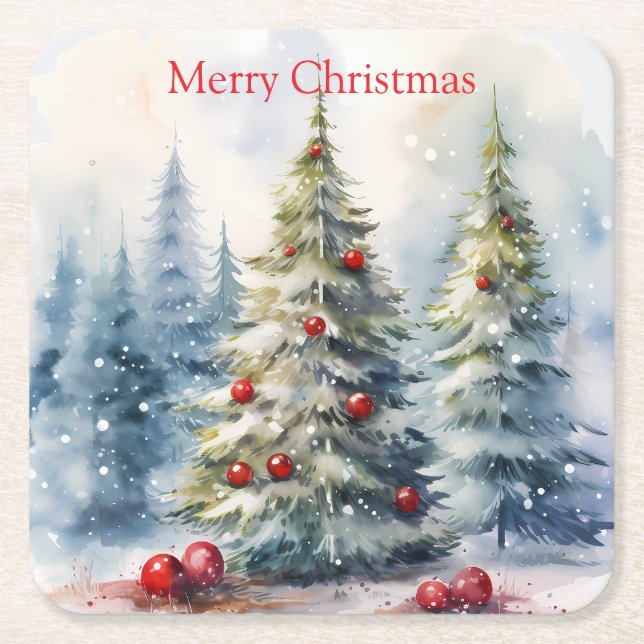 Christmas trees winter snowy landscape square paper coaster (Front)