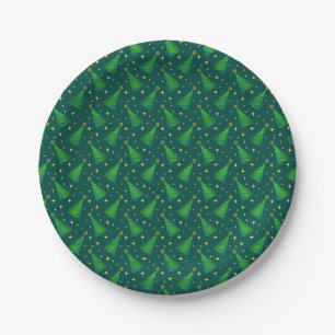 Christmas Trees with Gold Stars Paper Plate