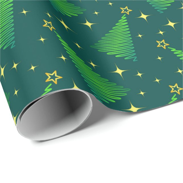 Christmas Trees with Gold Stars  Wrapping Paper (Roll Corner)
