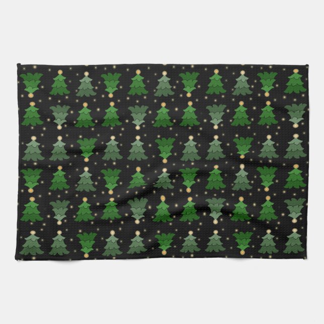 Christmas Trees with Stars on Black Tea Towel (Horizontal)