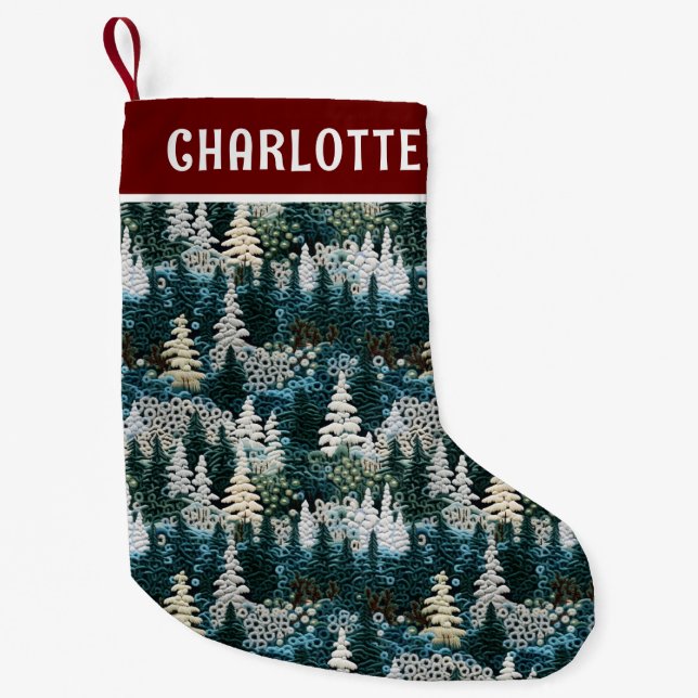 Christmas Trees Woodland Embroidered Personalised Small Christmas Stocking (Front)