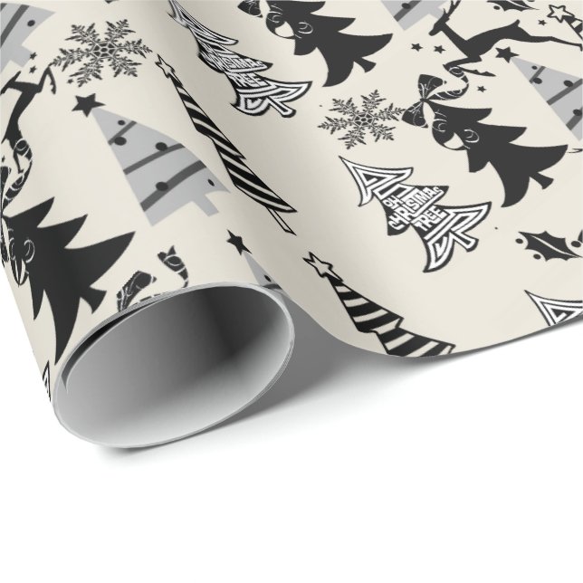 Christmas Trees Wrapping Paper Beige Black  (Roll Corner)