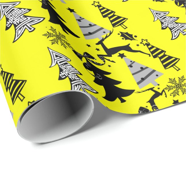Christmas Trees Wrapping Paper Yellow Black  (Roll Corner)