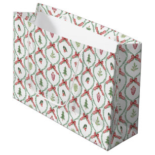 Christmas trellis red bows ornaments & foliage large gift bag