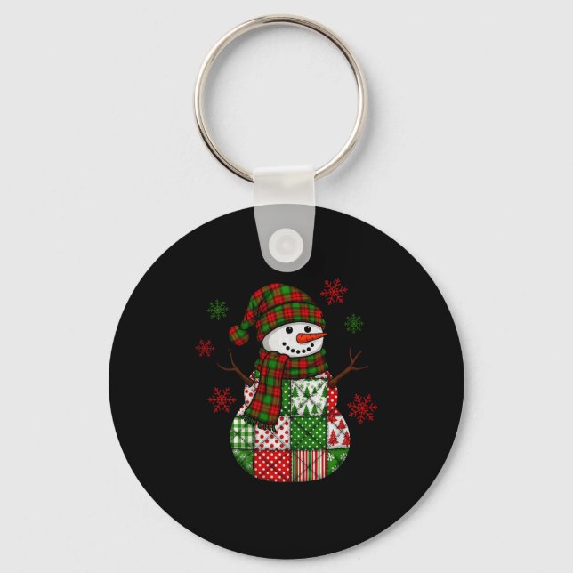 Christmas Trendy Patchwork Snowman Merry Christmas Key Ring (Front)