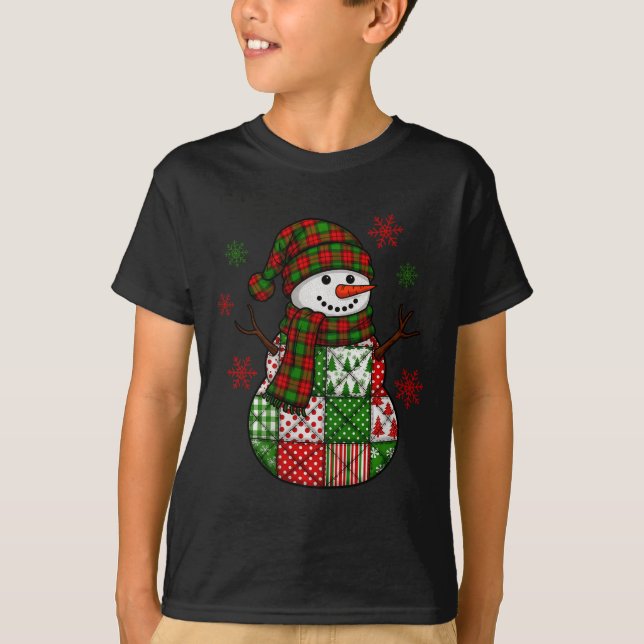 Christmas Trendy Patchwork Snowman Merry Christmas T-Shirt (Front)