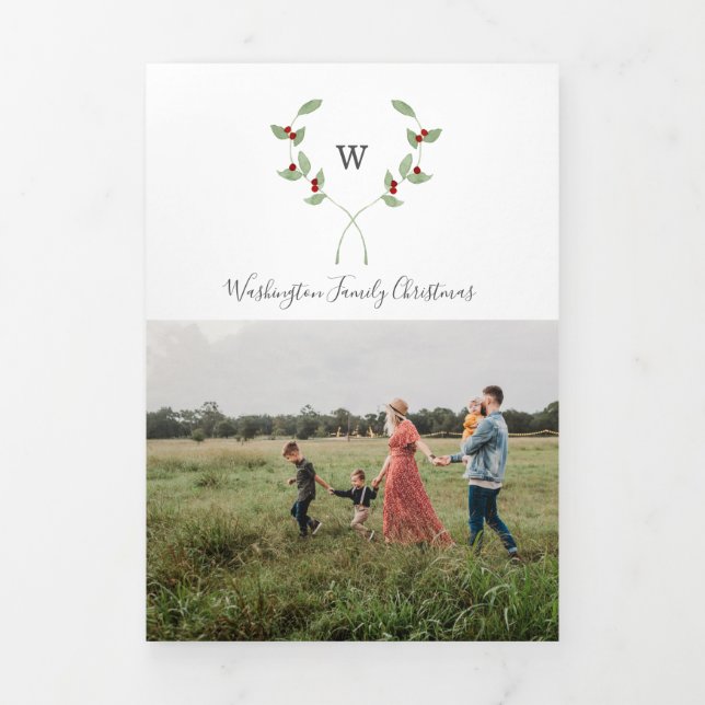 Christmas Trifold 4 Photo Card Watercolor Monogram (Cover)