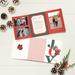 Christmas Trifold Photo Red Green Joy Floral