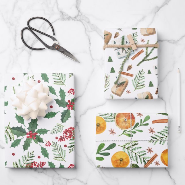 Christmas Trio- Oranges, Holly Berries, & Presents Wrapping Paper Sheet (Front)