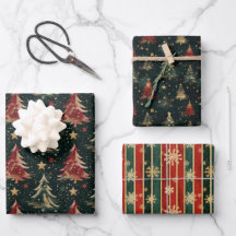 Christmas TRIO Trees and Stripes Wrapping Paper