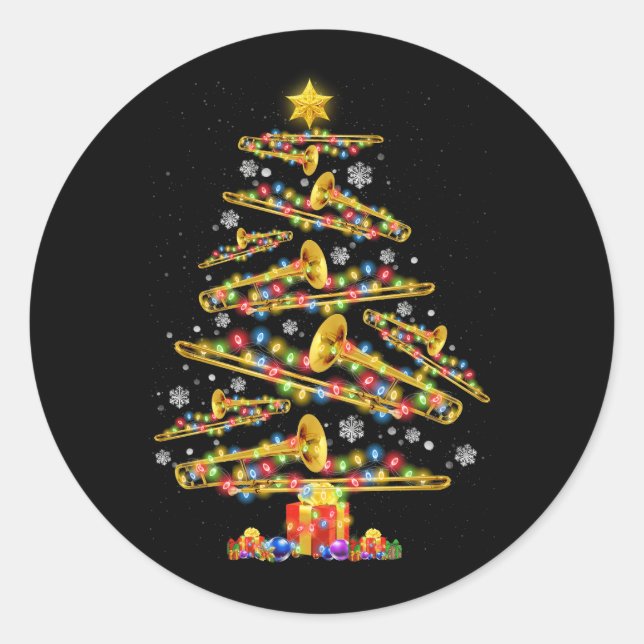 Christmas Trombone Player Xmas Tree Jazz Music Lov Classic Round Sticker (Front)