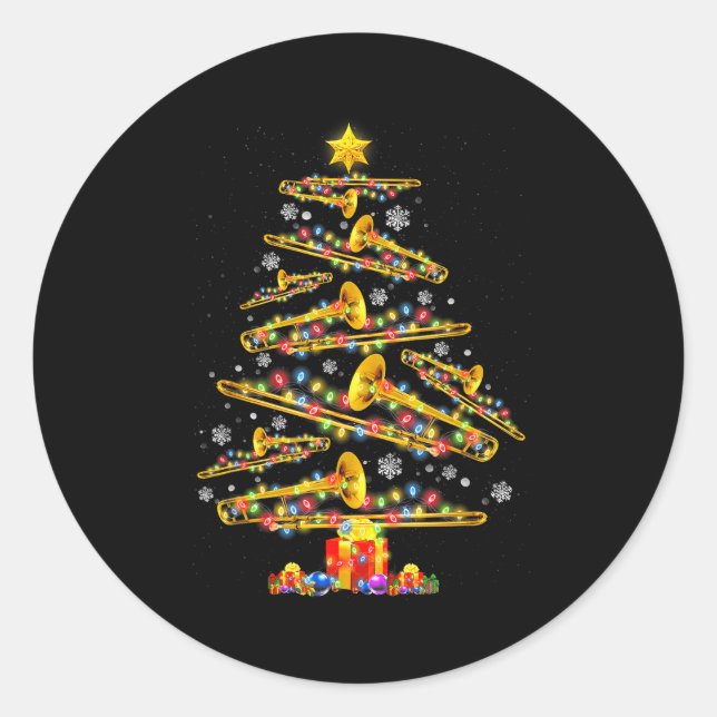 Christmas Trombone Player Xmas Tree Jazz Music Lov Classic Round Sticker (Front)