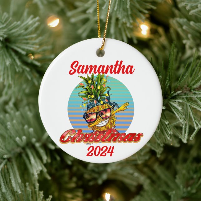Christmas Tropical Beach Dabbing Pineapple Ceramic Tree Decoration (Tree)