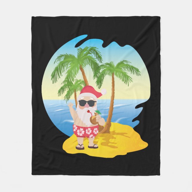 Christmas Tropical Beach Funny Santa Claus Fleece Blanket (Front)