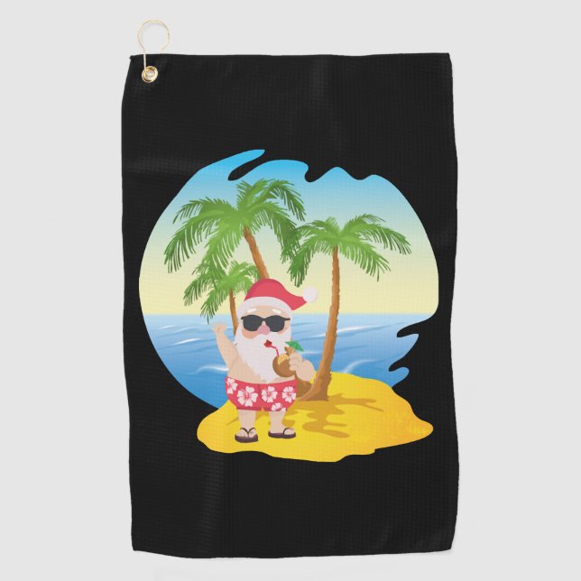 Christmas Tropical Beach Funny Santa Claus Golf Towel (Front)