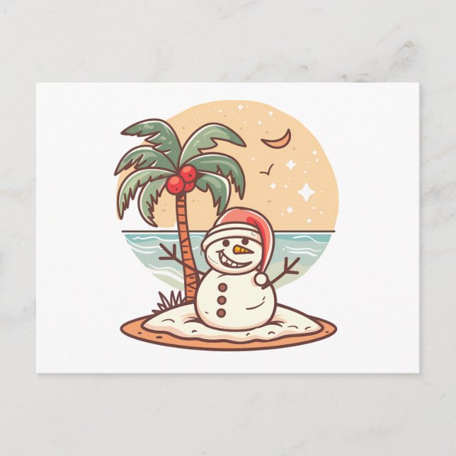 Christmas - Tropical Beach Snowman with Palm Tree  Postcard (Front)