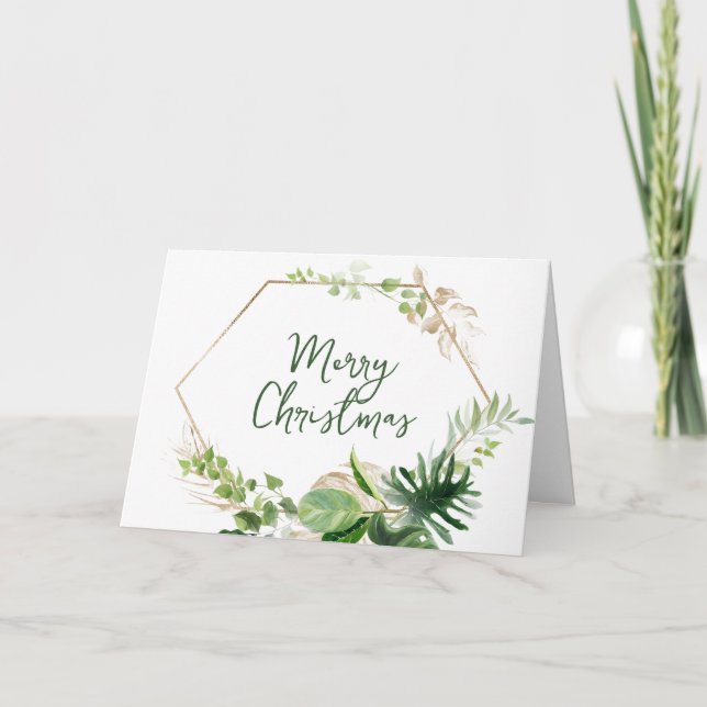 Christmas Tropical Green & Gold Monstera Leaves  Holiday Card (Front)