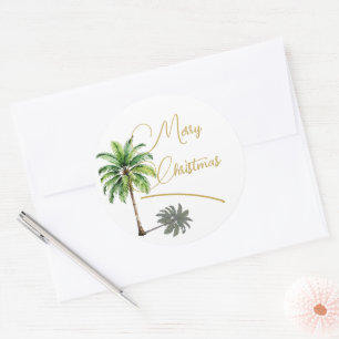 Christmas Tropical Palm Tree Gold Merry  Classic Round Sticker
