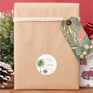 Christmas Tropical Palm Tree Gold Merry  Classic Round Sticker