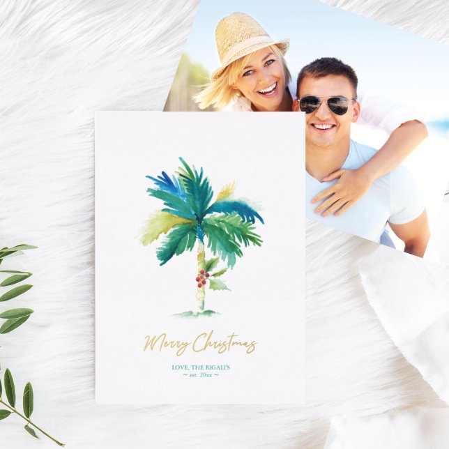 Christmas Tropical Palm Tree Watercolor Photo Foil Holiday Card (Christmas card tropical palm tree photo)