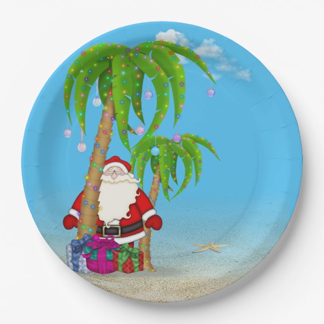 Christmas Tropical Santa Claus with palm trees Paper Plate (Front)