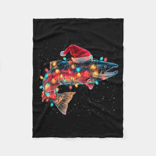 Christmas Trout Fish Funny Fishing Santa Hat Light Fleece Blanket (Front)