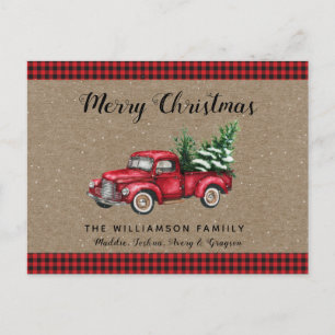 Christmas Truck and Tree Snowy Plaid Christmas  Postcard