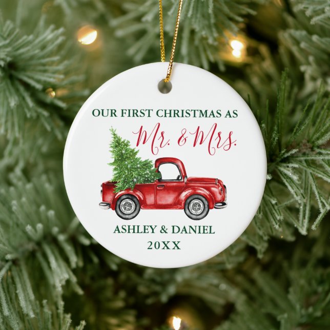 Christmas Truck Calligraphy Mr. Mrs. Red Green Ceramic Tree Decoration (Tree)