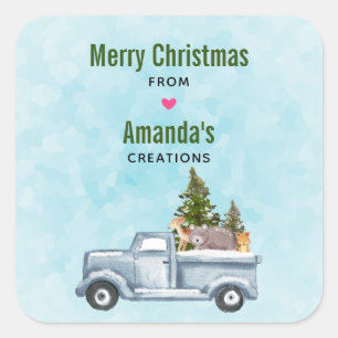 Christmas Truck Carrying Trees & Animals Business Square Sticker