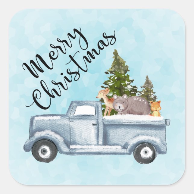 Christmas Truck Carrying Trees & Animals Square Sticker (Front)
