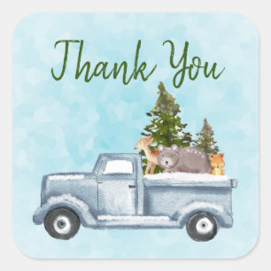 Christmas Truck Carrying Trees & Animals Thank You Square Sticker