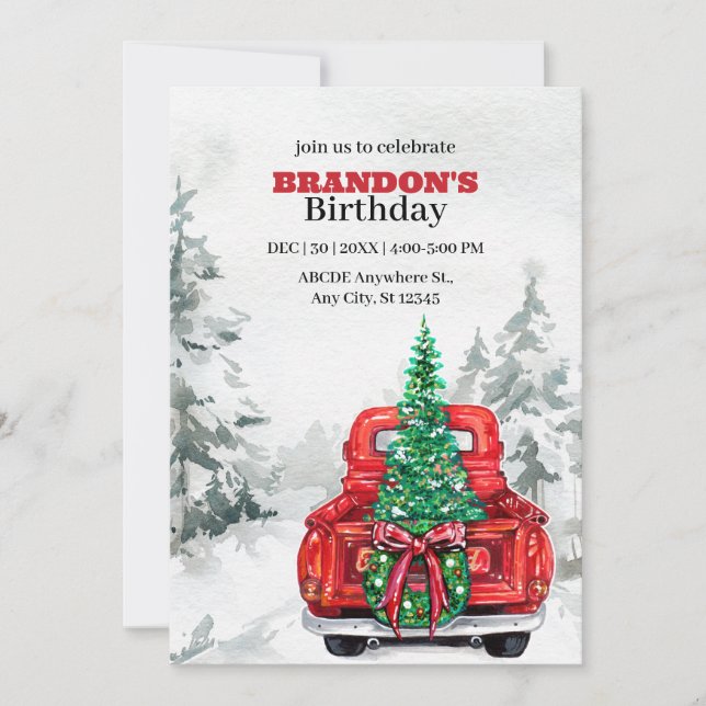 Christmas truck on winter birthday invitation (Front)