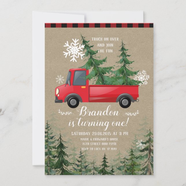 Christmas Truck Rustic Plaid Birthday Invitation (Front)