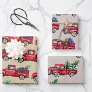 Christmas Truck, Tree, Presents on Faux Kraft Wrapping Paper Sheet