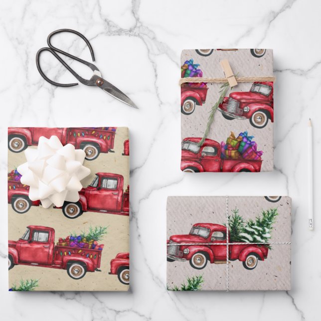Christmas Truck, Tree, Presents on Faux Kraft Wrapping Paper Sheet (Front)