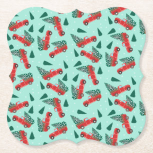 Christmas Truck With A Tree Red Paper Coaster