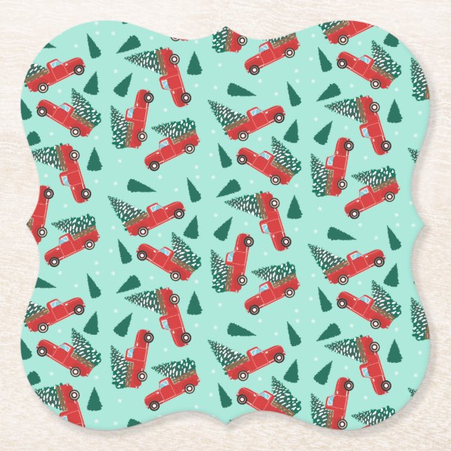 Christmas Truck With A Tree Red Paper Coaster (Front)
