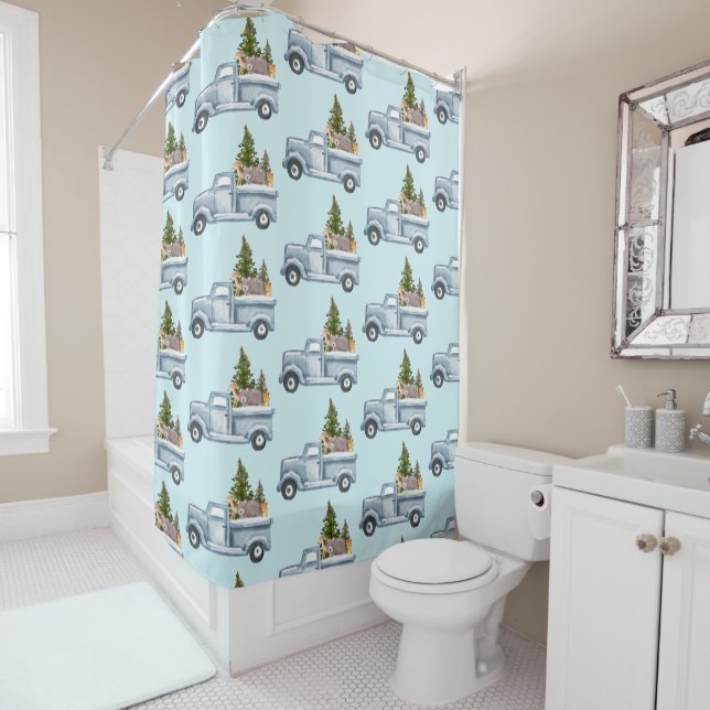 Christmas Truck with Cute Animals Pattern Shower Curtain (In Situ)