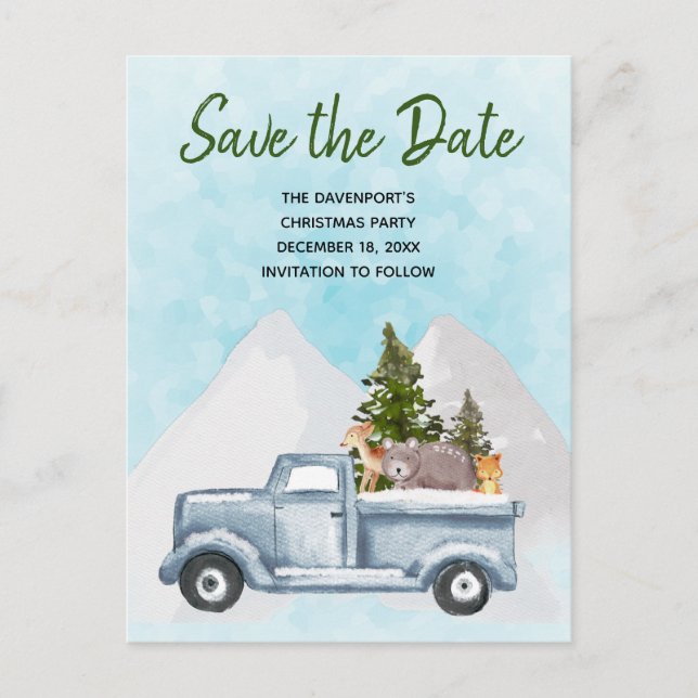 Christmas Truck with Cute Animals Save the Date Invitation Postcard (Front)