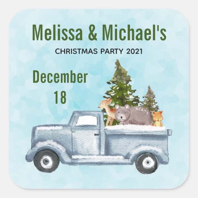 Christmas Truck with Cute Animals Save the Date Square Sticker (Front)