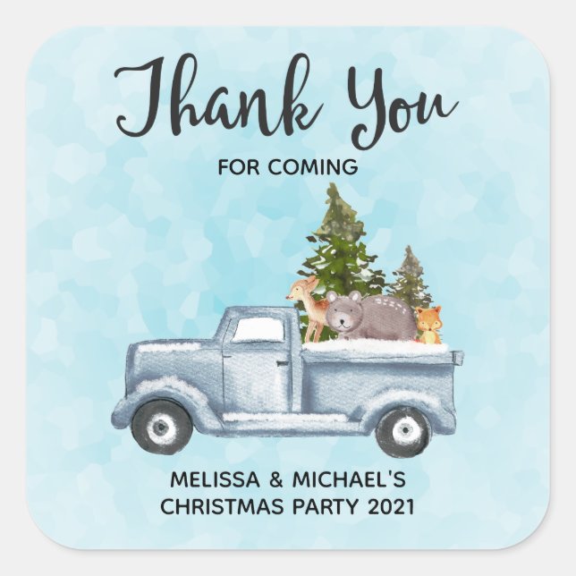 Christmas Truck with Cute Animals Thank You Party Square Sticker (Front)