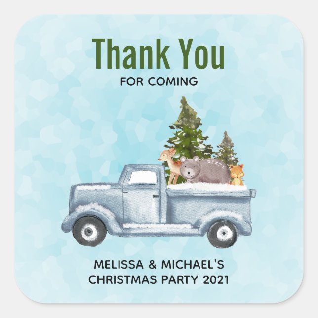 Christmas Truck with Cute Animals Thank You Party Square Sticker (Front)