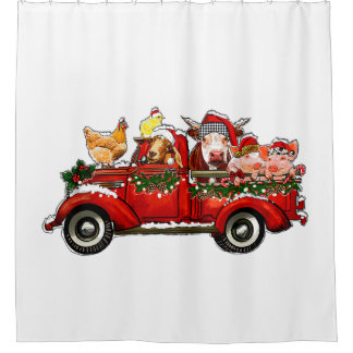 christmas truck with farm animals cow pig chicken  shower curtain