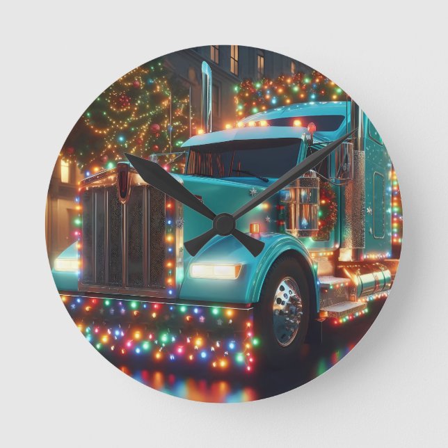 Christmas truck with lights round clock (Front)