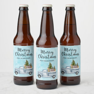 Christmas Truck with Pine Trees & Forest Animals Beer Bottle Label