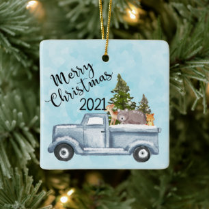 Christmas Truck with Pine Trees & Forest Animals Ceramic Ornament