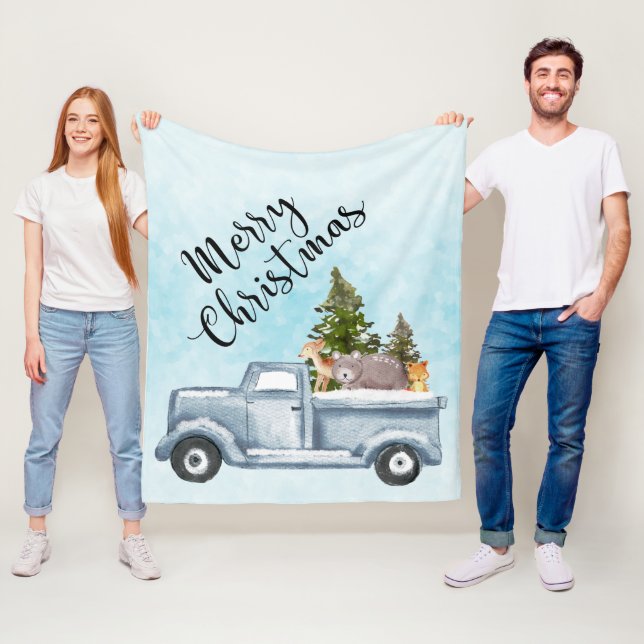Christmas Truck with Pine Trees & Forest Animals Fleece Blanket (In Situ)