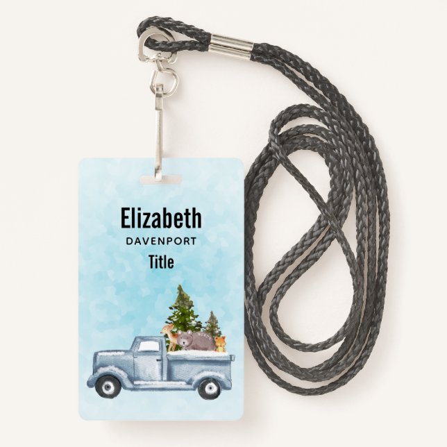 Christmas Truck with Pine Trees & Forest Animals ID Badge (Front with Lanyard)