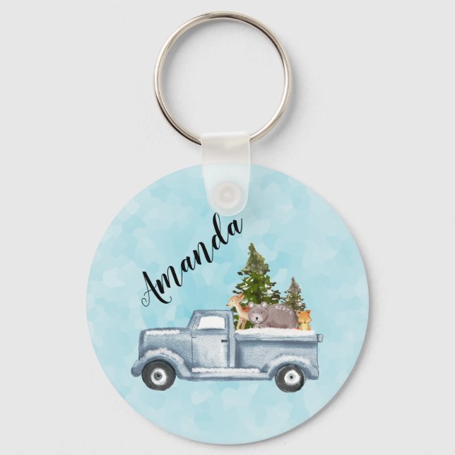 Christmas Truck with Pine Trees & Forest Animals Key Ring (Front)