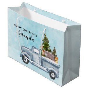 Christmas Truck with Pine Trees & Forest Animals Large Gift Bag